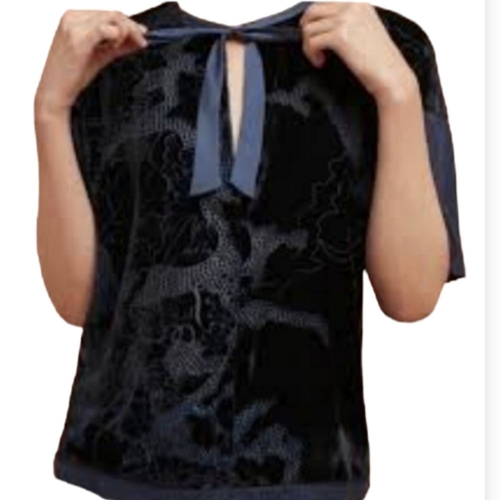 Anthropologie Womans Velvet Burnout Short Sleeve Navy Top with Bow in Medium